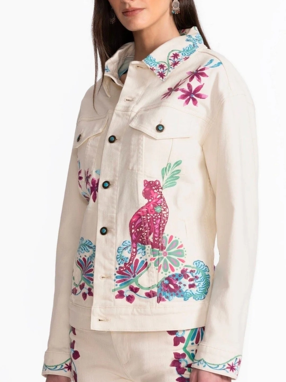 Johnny Was Cream Denim Jacket with Pink & Aqua Embroidery